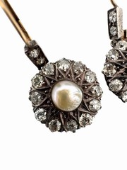 Antique Victorian Old Mine Cut Diamond Cluster Pearl Earrings 14K Gold & Silver
