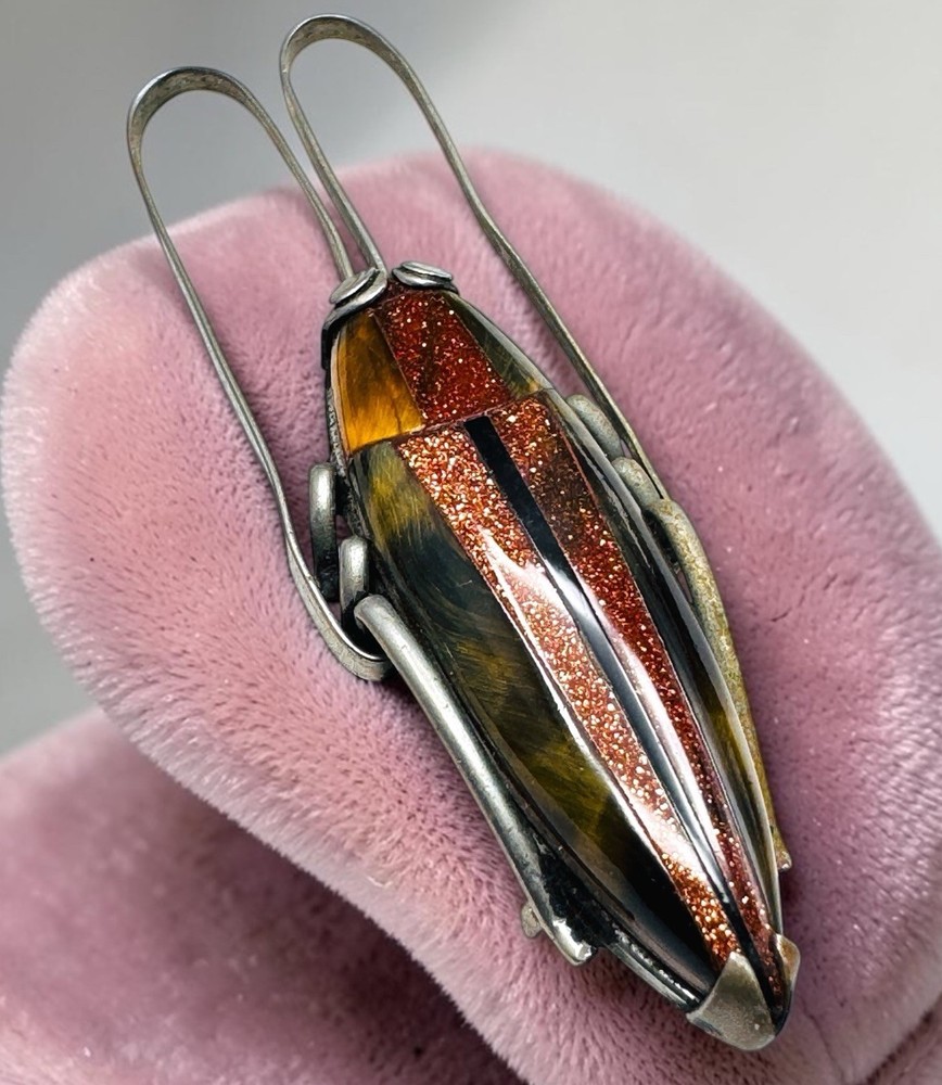 Antique Art Nouveau Beetle Bug Goldstone Obidome Kimono Belt Sash Slide Jewelry