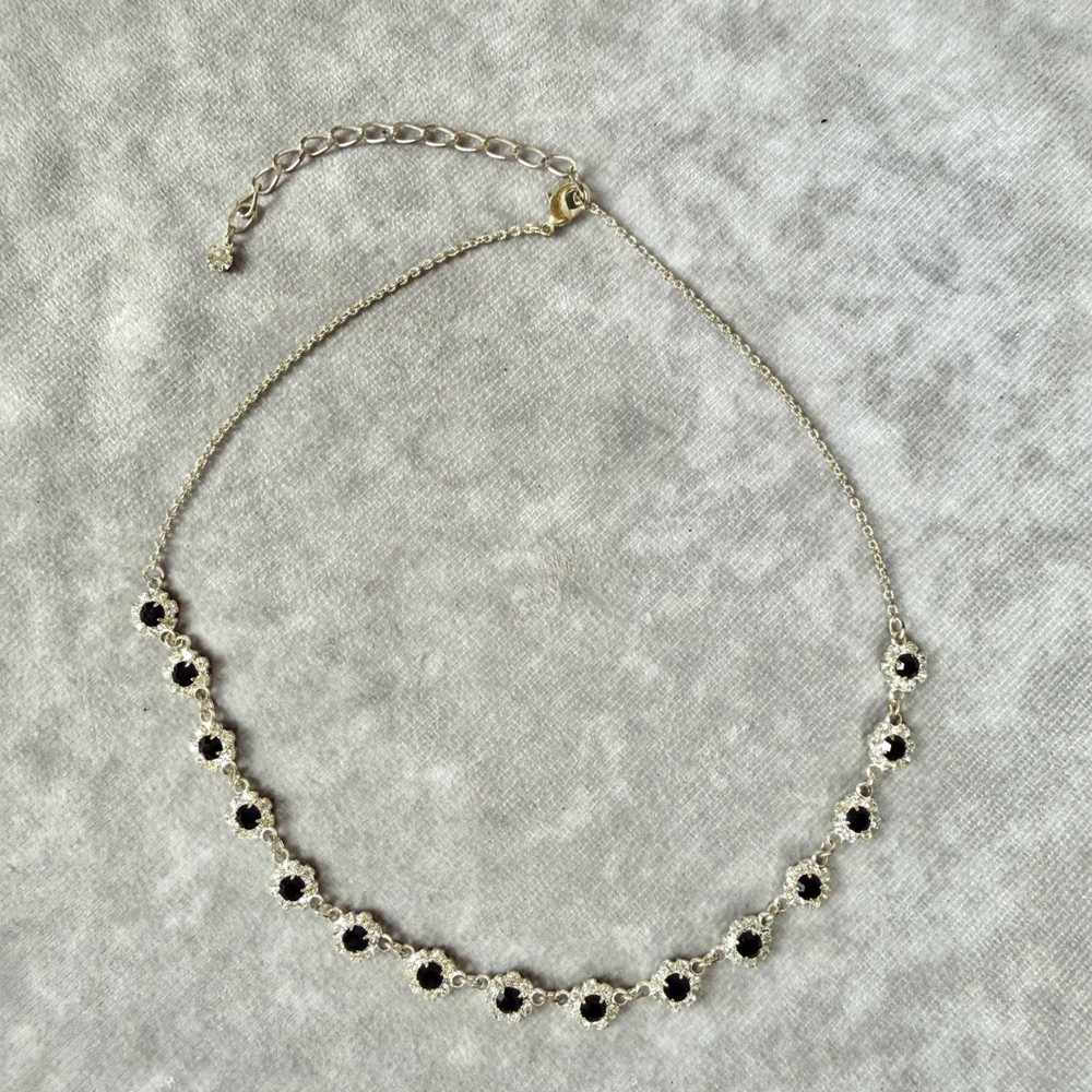 Vtg Black Clear Rhinestone Floral Silver Chocker Necklace Whimsygoth 90s Y2K