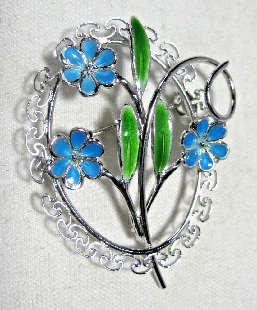 Sterling Silver Brooch Pin Enameled Floral by Beau 1 3/4 Inch 5.1 grams