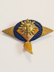 Vintage 90’s Mixed Metals Celestial Sun Brooch Polished Stone/Glass Dangle Charm
