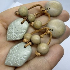 Vtg Big Boho Tribal Etched Stone Starburst Chandelier Earrings Leather Wood Post