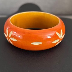 Vintage Carved Wood Bangle Bracelet Orange Hand Painted Floral Boho Ethnic