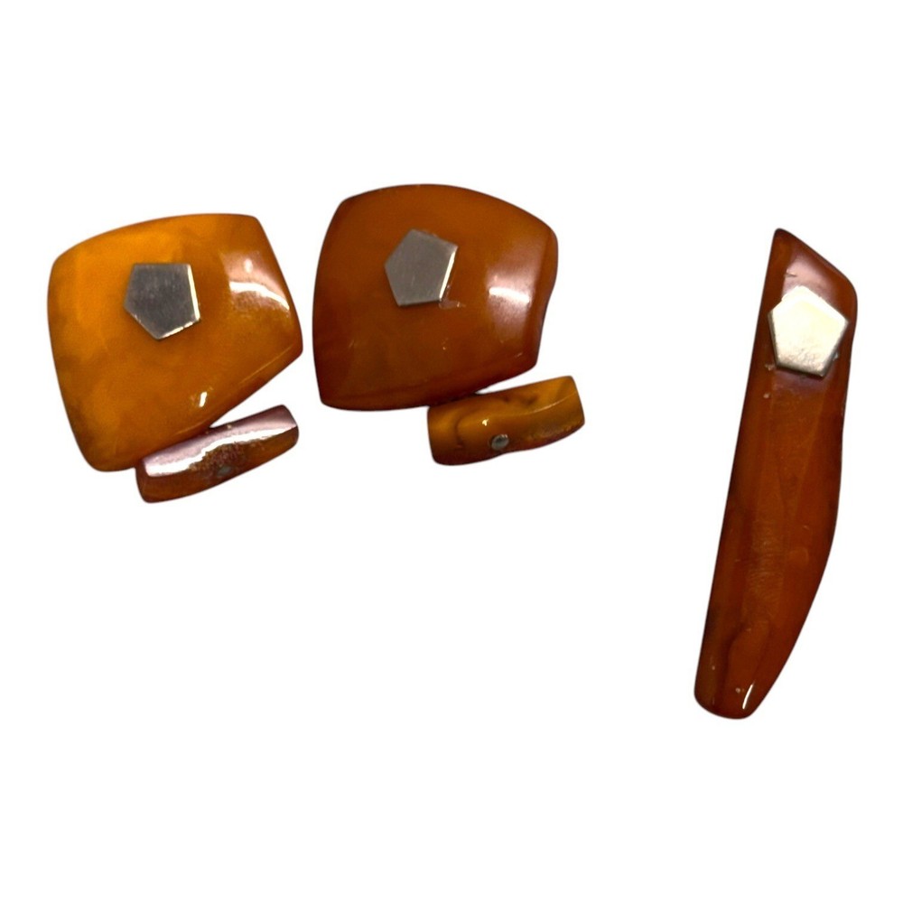 Old Amber Tie Clasp Clip Cufflinks Sterling Vtg Baltic Honey Stone Butterscotch