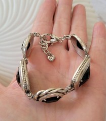 Brighton Silver Plated Black Glass Panel Link Bracelet, Adjustable Statement Cuf