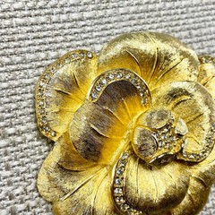 Vintage Christian Dior Flower pin in box Gold Tone Rhinestone 2.25 Inches Wide