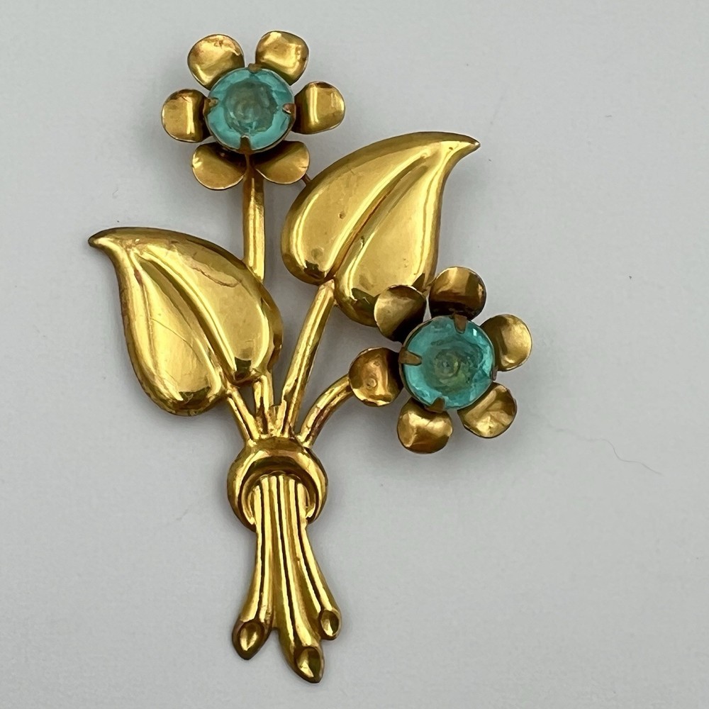 Large Vintage Gold Tone Flower Bouquet Brooch Pin Aqua Blue Lucite 1940s 1950s