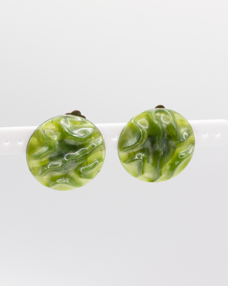 Vintage Western Germany Green Marbled Clip On Earrings | Mid Century Swirl