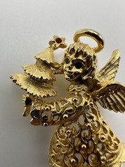 Antique Gold Angel Christmas Tree Blue Rhinestone Brooch 4.5cm BB2