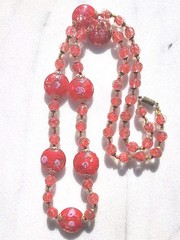 SALE! VINTAGE VENETIAN ITALY COIN RED PINK ROSES GOLD ART GLASS KNOT NECKLACE XL