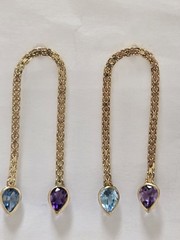Vintage Antique Dangling Earring 14k Gold Amethyst N Blue Topaz Mesh Design 40mm