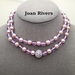 Vintage Joan Rivers Lavender Glass Pearls Crystal Beaded Necklace, Screw Clasp