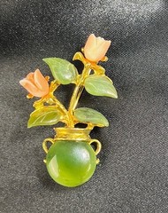 VTG Signed SWOBODA Genuine Carved Jade Coral Flower Brooch Pin Clip Earring Lot