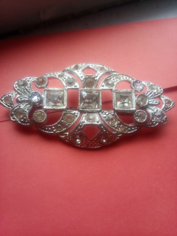 Antique glamorous silver-tone Art Deco brooch pin rhinestone accents C clasp