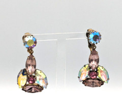 Aurora Borealis Crystals Rhinestones Clip On Earrings AB Vintage Unmarked Dangle