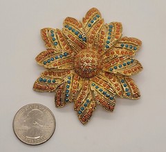 Vintage Gold Tone Pink Peach And Blue Beaded Large Sunflower Brooch