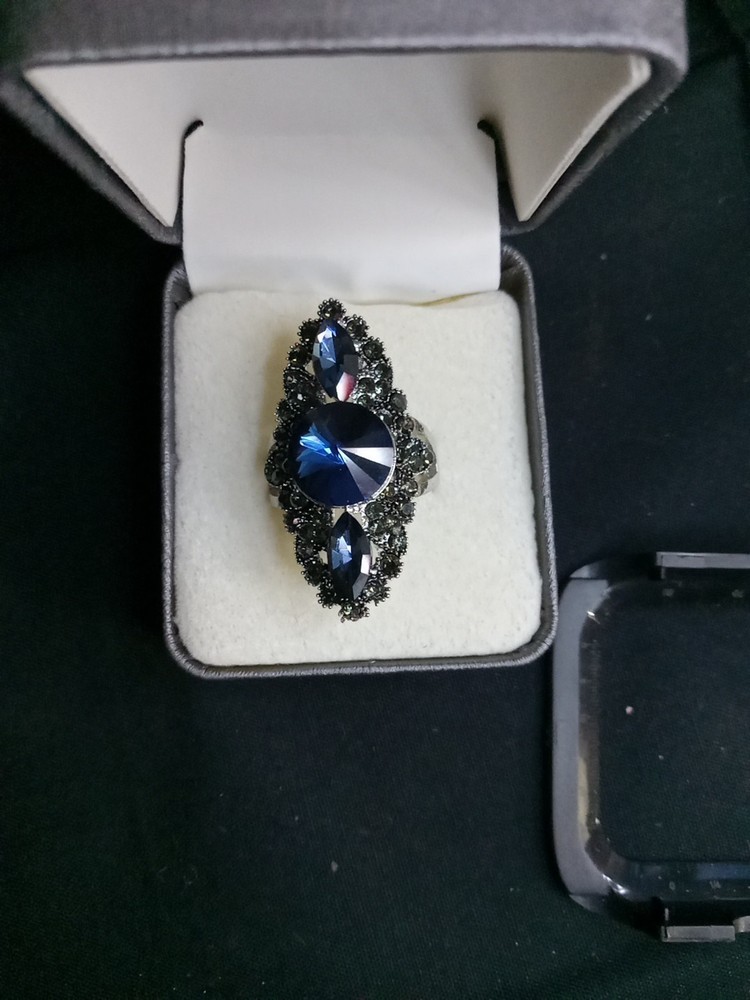 Ornate vintage-style ring with blue stones & marcasite-like accents. 1950s-1970s
