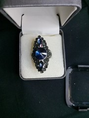 Ornate vintage-style ring with blue stones & marcasite-like accents. 1950s-1970s