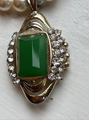 Vintage Designer Lanvin Emerald Rhinestone? Pendant 14k Gold Pearl Necklace