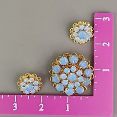 Rhinestone Flower Brooch Clip On Earrings Set Blue Opalite Round