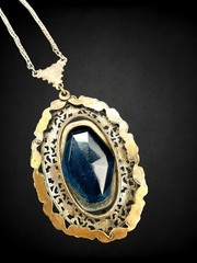 Vintage Antique Art Deco Blue Glass Pendant Necklace Filigree Silver Tone Czech