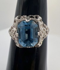 Vintage Uncas Sterling Silver Filigree Ring Art Deco Blue Stone Size 5.25 Marked