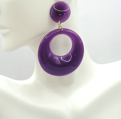 Purple Curvy Hoop w Button Stud Retro Style Vtg 1980s Costume Pierced Earrings