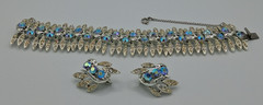 Vintage Francois Bracelet & Clip Earrings Set Silver Tone Blue Iridescent Stones