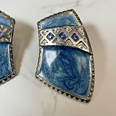 Vintage Edgar BEREBI Tribal So Western Blue Enamel Silver Tone Clip on Earrings