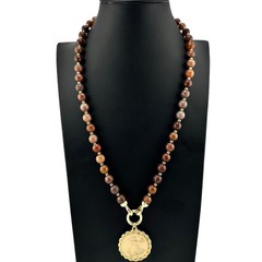 Liberty Coin Charm Brown Aventurine Beaded Gold Tone 21″ Pendant Necklace