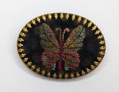 VTG Multicolor Black Needlepoint Butterfly Gold Tone Oval Brooch Pin 1 5/8″