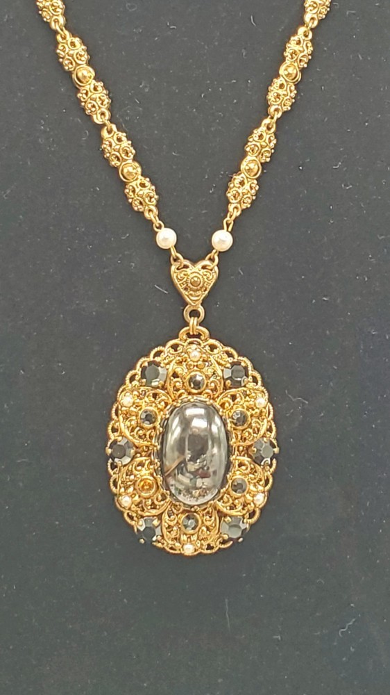 Vintage West Germany Filigree Hematite Cabochon Necklace Pendant