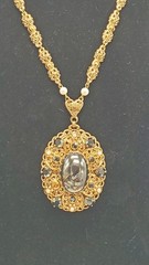 Vintage West Germany Filigree Hematite Cabochon Necklace Pendant