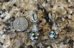 Vintage Aurora Borealis Crown Cage Ball Drop Gold Chandelier Clip On Earrings