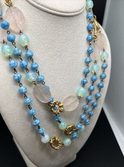 Vintage Freirich Blue White Green Pink Art glass Goldtone 62” necklace earring