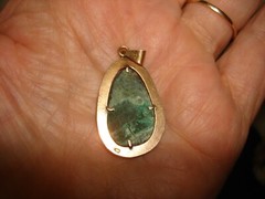 Vintage Nice 14 Kt Solid Yellow Gold Green Turquoise Pendant Necklace