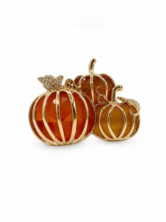 Napier Gold Tone Pumpkin Harvest Brooch Pin Amber Orange Rhinestone Fall Autumn