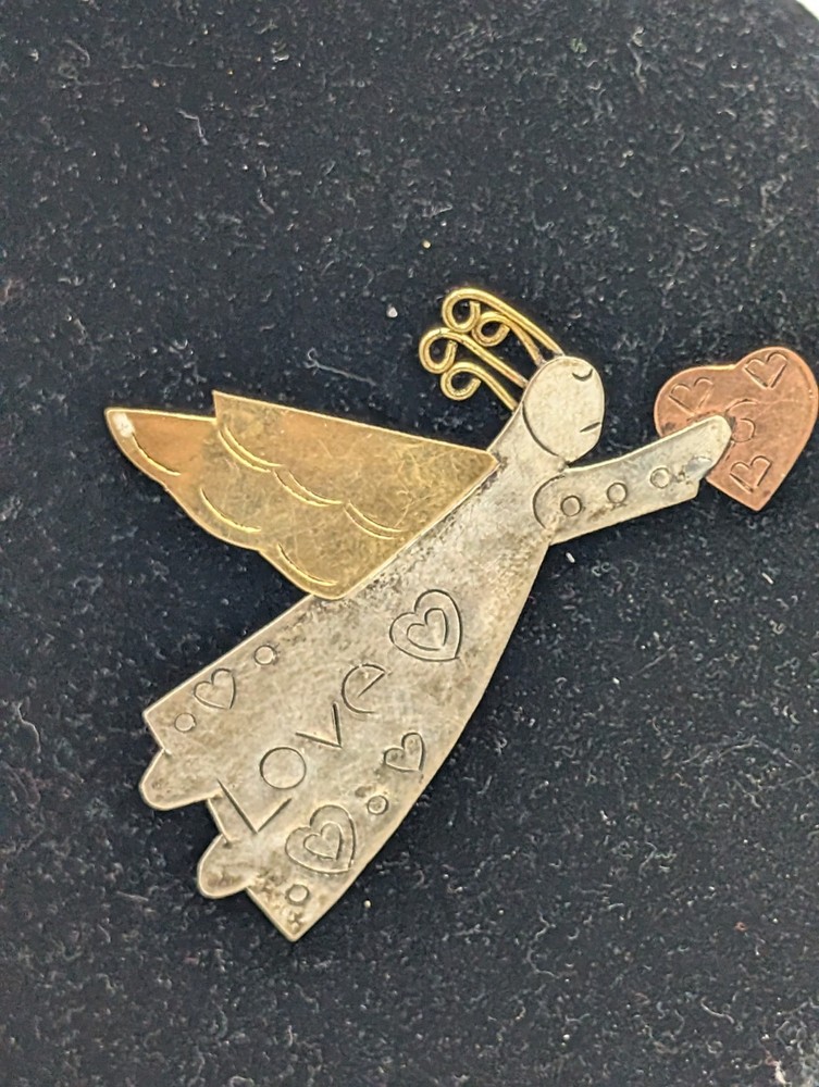 Vintage Mixed Metals Embossed Welded Angel W/ Heart Brooch Pin Love Pin