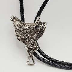 Horse Saddle Southwestern Western Cowboy Silver Tone Vintage Bolo Tie Necklace