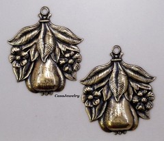 #0205 LARGE ANTIQUED GOLD FLOWER & FRUIT PENDANT/ER W/TOP HANG RING – 2 Pc Lot