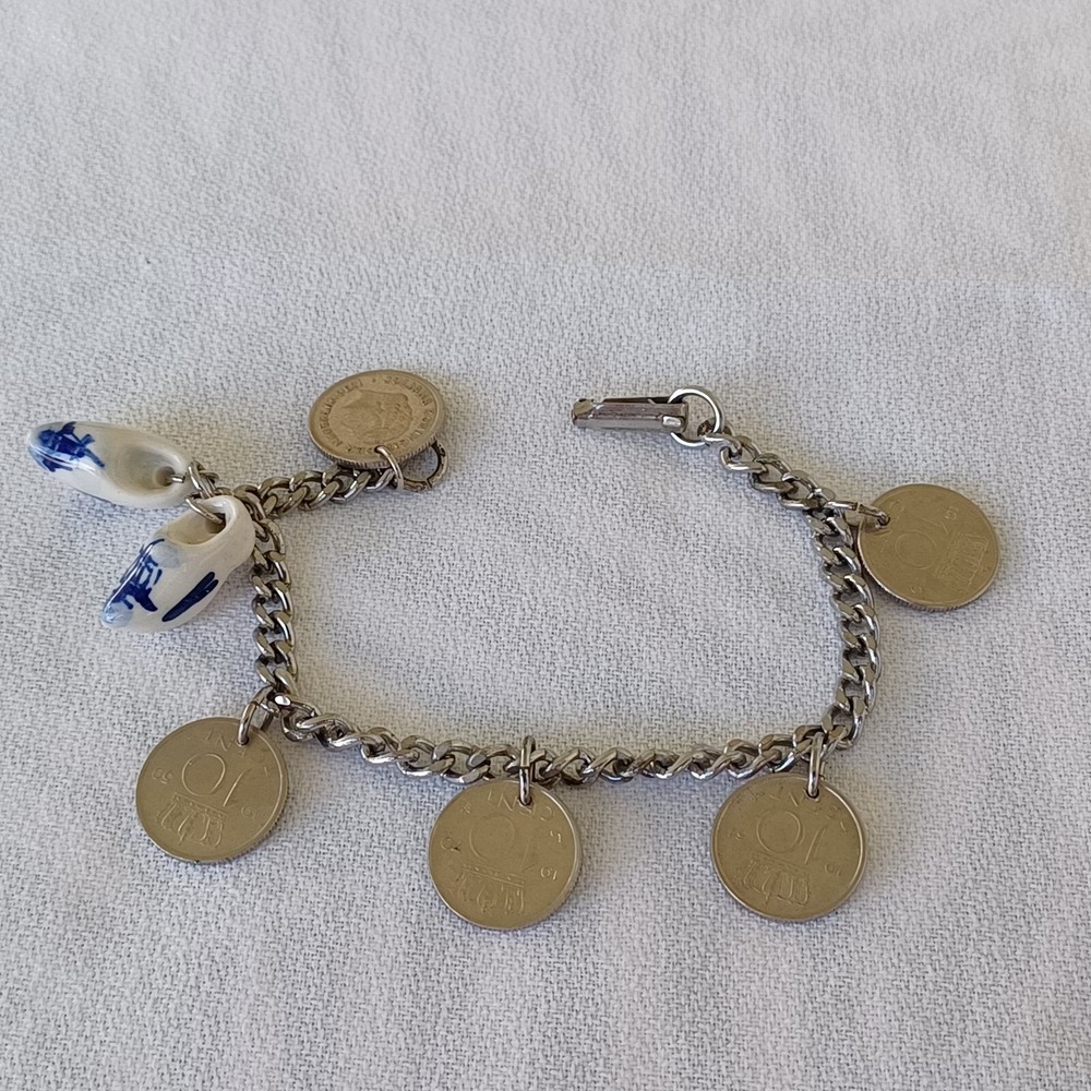 Vintage 1950-1970 Netherlands 10 Cent Coins Charm Bracelet Dutch Clogs 6″