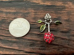 Vintage JUICY COUTURE Rhinestone Red Cherry Pendant Enameled Leaves