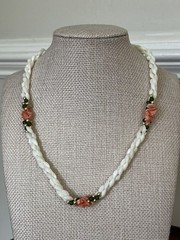 Vintage Beachy Necklace 17″ – Mother of Pearl Pink Coral 3 Strand Twisted