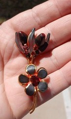 Vintage Austria Floral Brooch Black Red Enamel Rhinestone Gold Tone