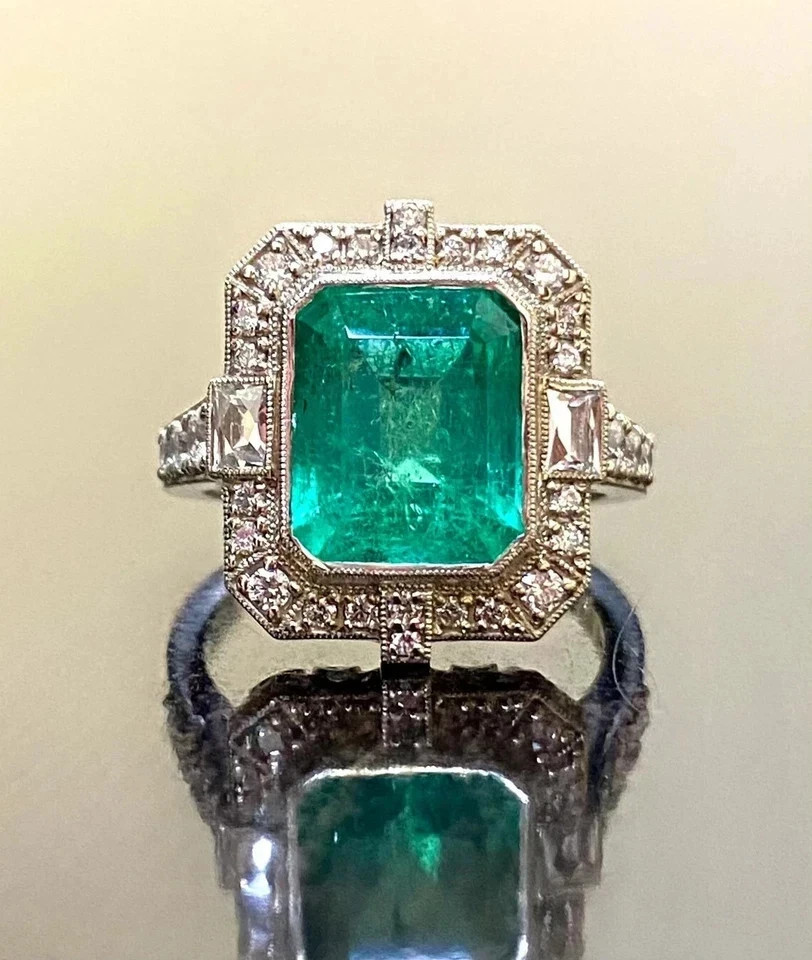 Art Deco Style Emerald Lab Created Diamond Vintage Engagement 14K Gold Over Ring