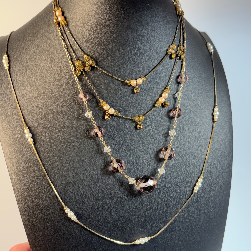 Necklace Lot Gold Tone Pearl Lavender Cut Glass Beads Delicate Romantic