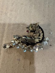 VTG Black and Gold Tiger Rhinestone/CZ Brooch Green CZ Eyes Black Enamel
