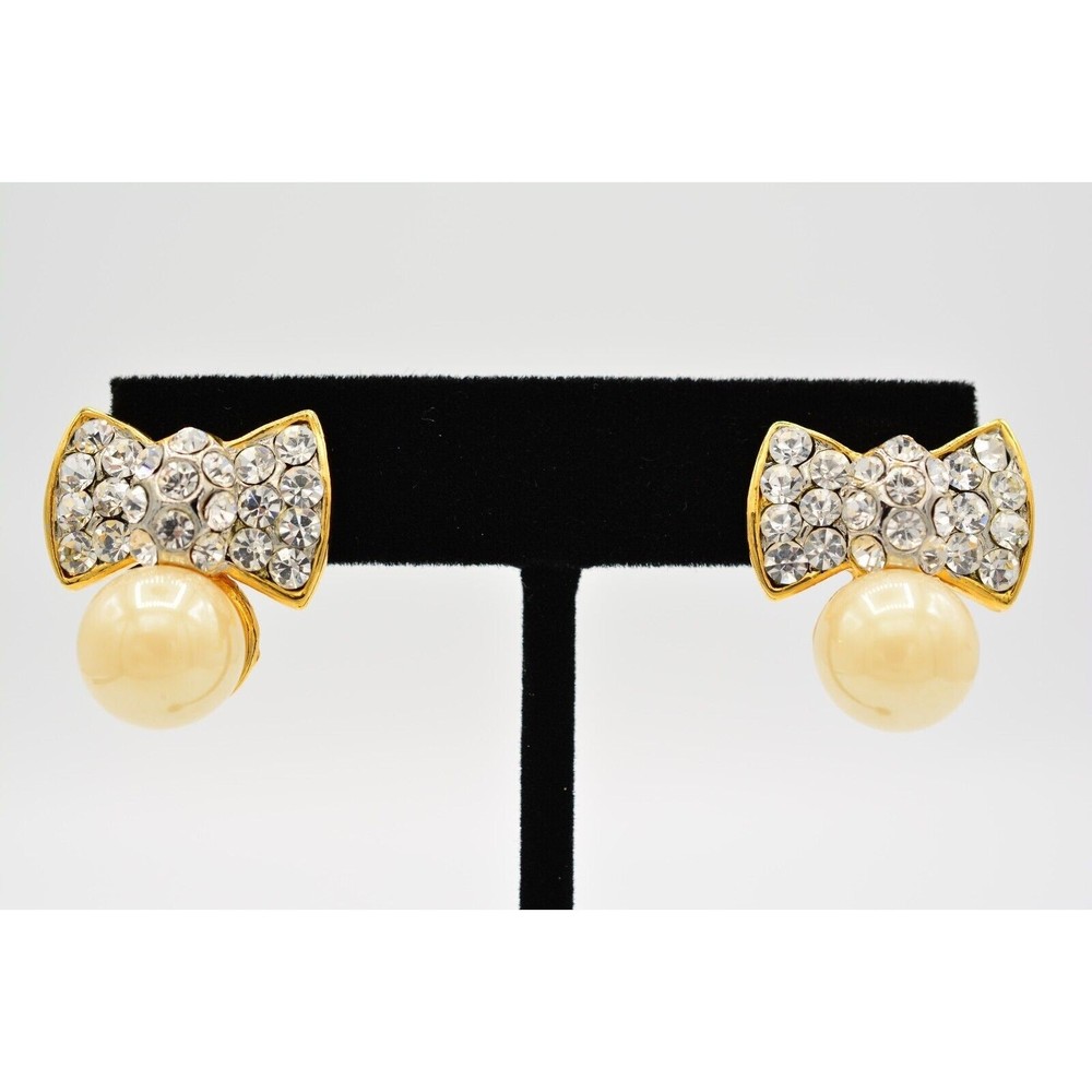 Vintage Crystal Bow Earrings Rhinestone Crystal Pearl Gold Tone 1990s 90s BinAG