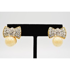 Vintage Crystal Bow Earrings Rhinestone Crystal Pearl Gold Tone 1990s 90s BinAG
