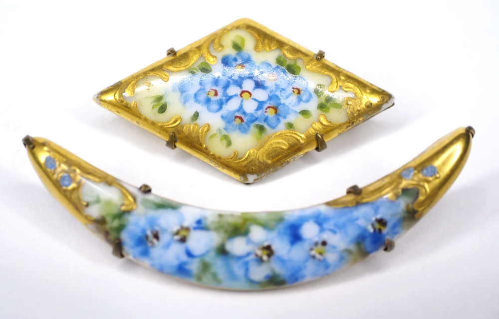 Antique hand painted porcelain brooch jewelry pin lot blue flower C clasp 2 1/4″
